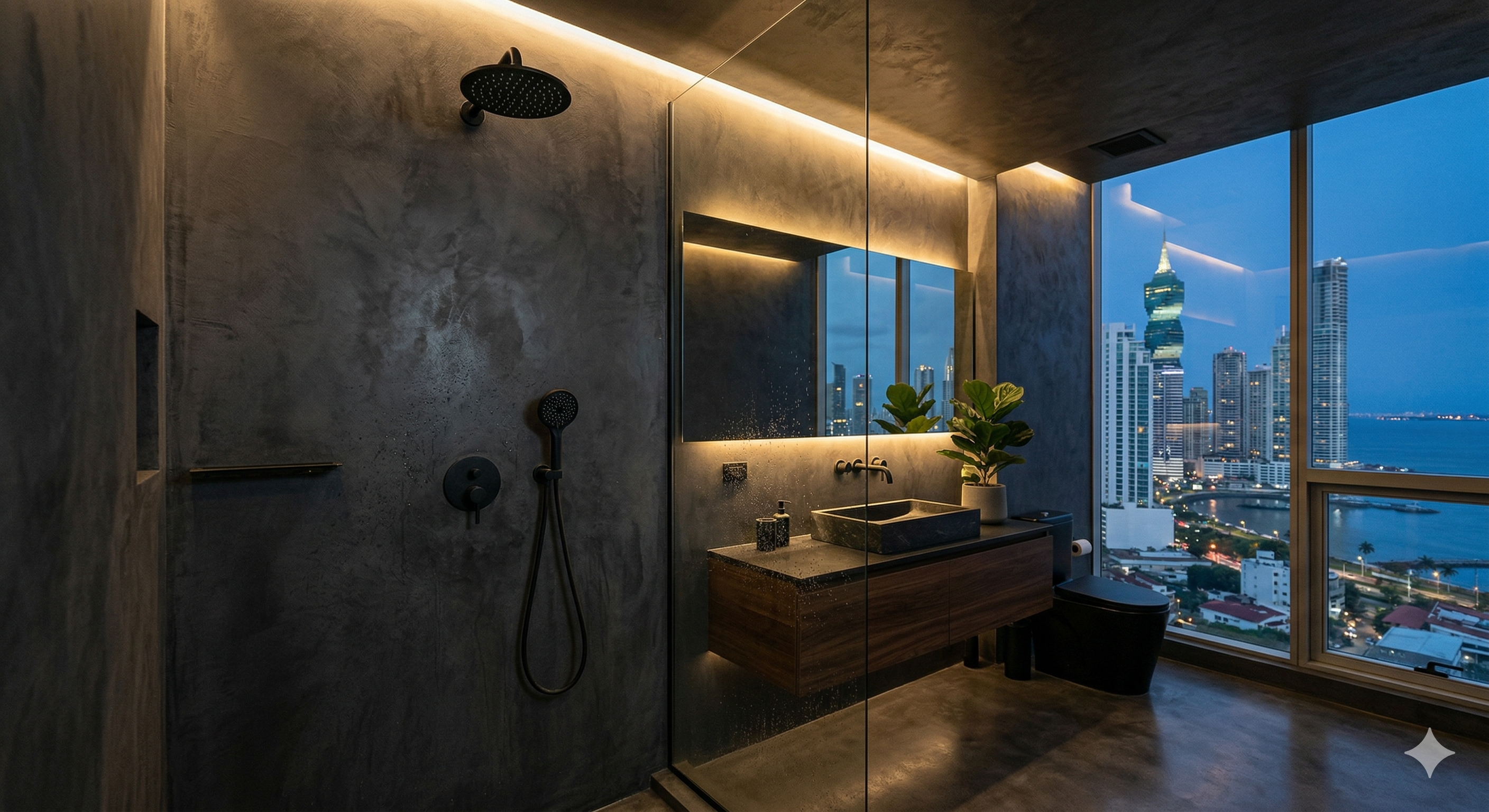 Baño oscuro con microcemento, luz lineal y vista urbana